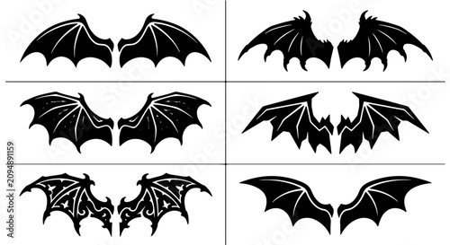 Foto Gothic Bat Wings Vector Set, Dark Fantasy Angelic Devilish Emblems, Spooky Hallo