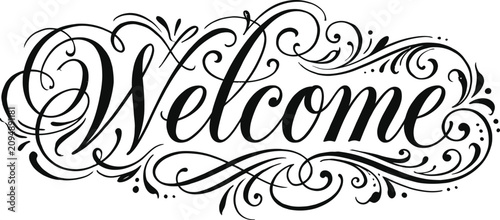 Hand Drawn Welcome Calligraphy Illustration with Swirls and Loops in Black and White Line Art