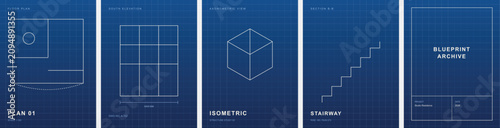 Blueprint archive vector set with architectural plans. Isometric cube and stairway diagrams on blue grid background. Technical drawing collection.