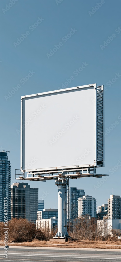 Obraz premium Blank urban billboard in Toronto offering advertising space. Empty outdoor billboard structure in a city against a clear sky, ready for new advertisement