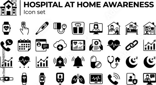 Hospital At Home Icon Set Remote Patient Monitoring Telemedicine Connected Care Vector Illustration