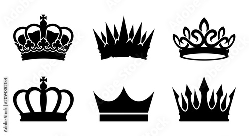 Konstfotografi Royal Crown Icons Set, Black Silhouette Vector Graphics for Royalty, Power, and