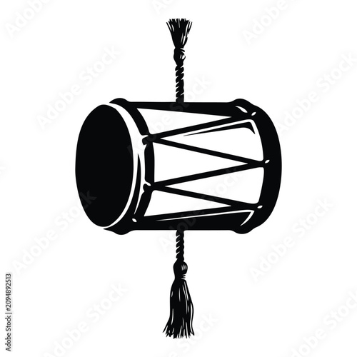 Photography Black and white of a traditional drum with rope lacing and hanging tassels, isol