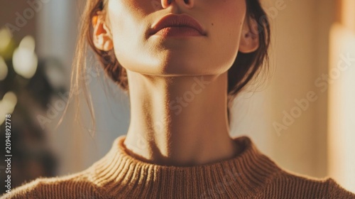 woman practicing breathing exercises in a minimalist apartment; generative ai