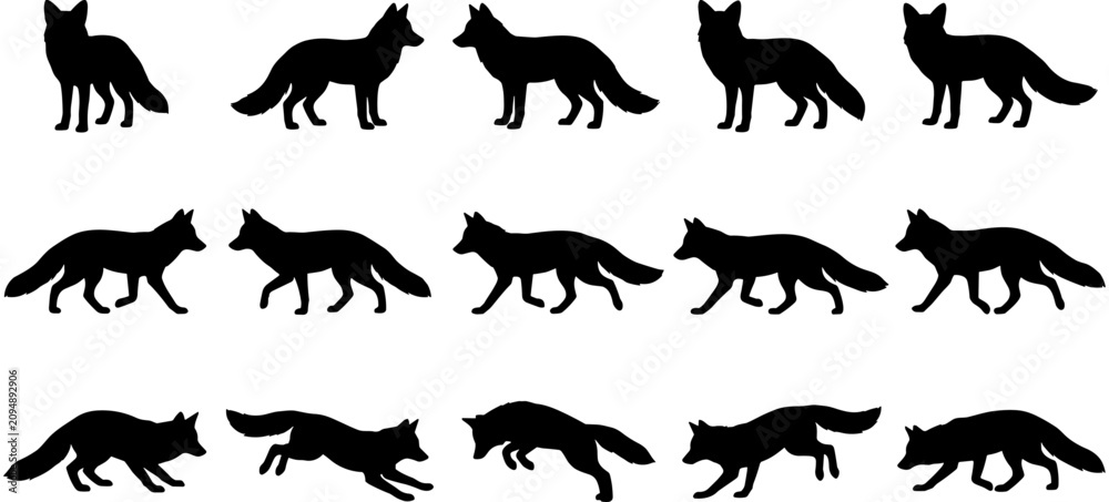 Fototapeta premium Fox silhouette collection featuring standing, walking, and jumping poses, fifteen black vector icons for wildlife nature forest animal design elements. 