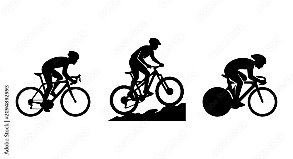 Obraz premium Cycling Evolution Vector Icons: Road Bike, Mountain Bike, Time Trial Cyclist Silhouettes, Sport and Fitness Graphics