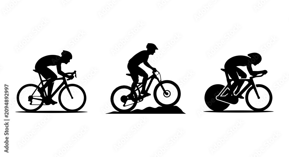 Obraz premium Cycling Silhouettes: Road Bike, Mountain Bike, and Time Trial Rider Vector Set, Dynamic Sport Graphics for Active Lifestyle and Competition