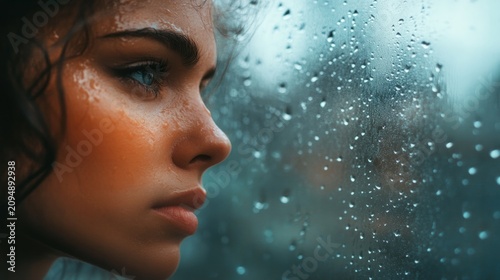 woman reflecting in silence by a rain-covered window; natural light coming from the window; generative ai