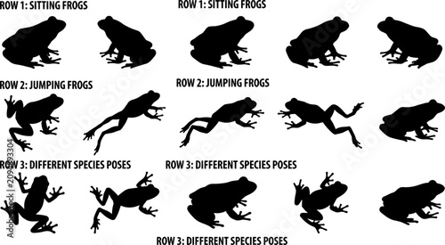Canvas-taulu Frog silhouettes vector set, amphibian animal icons, black toad shapes, jumping sitting poses, nature wildlife graphics, aquatic pond species collection