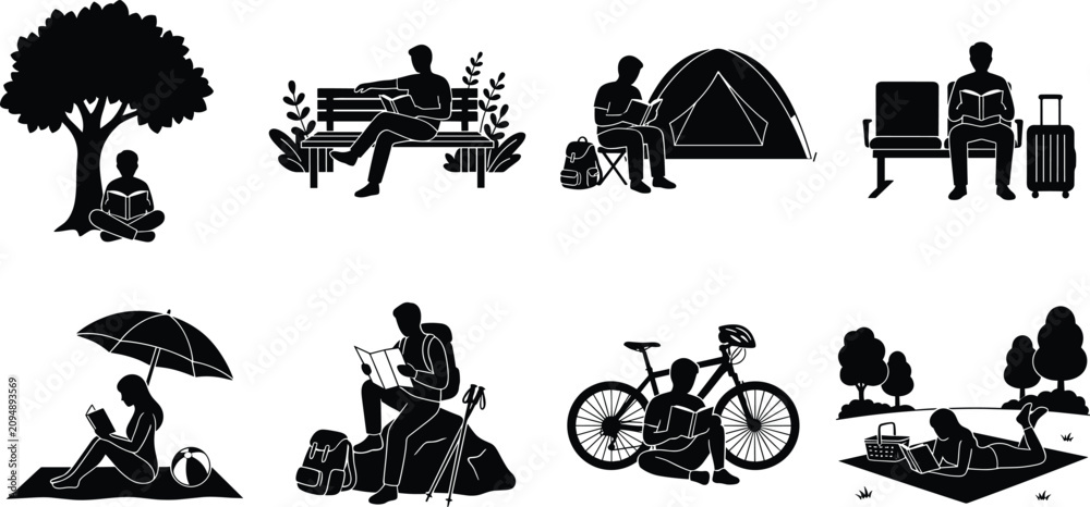 Obraz premium People Reading Outdoors Silhouette Collection with Travel, Camping, Park, and Leisure Activities Vector Set