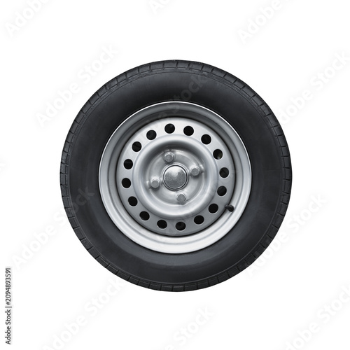  car tire with steel rim on free on isolated transparent background.