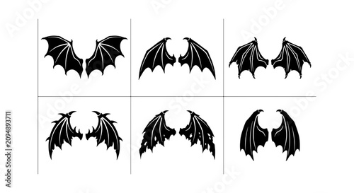 Фотография Six Black Bat Wings Vector Icons Set, Gothic Fantasy Creature Appendages, Devil