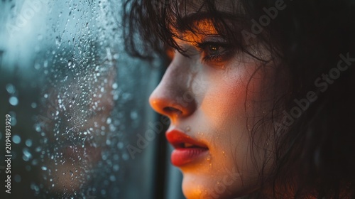 woman reflecting in silence by a rain-covered window; natural light coming from the window; generative ai