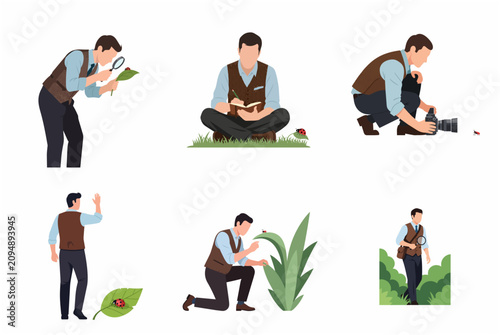 Foto Male Entomologist Naturalist Studying and Documenting Ladybugs in Nature Illustr