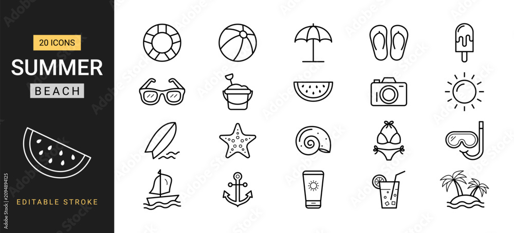 Fototapeta premium Summer beach icon set. Vector line icons with editable stroke including sun, palm tree, surfboard, sunglasses, bikini, and cocktail symbols for seasonal vacation design.