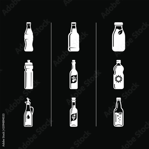 Bottles and containers white silhouettes on black background