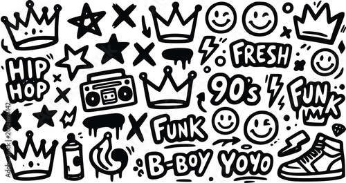 Foto A collection of black and white vector illustration elements featuring crowns, graffiti style lettering, smiley faces, and retro hip-hop icons