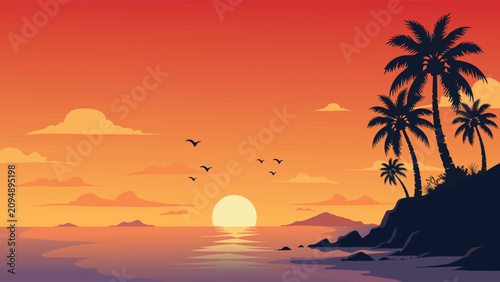 Beautiful Tropical Beach Sunset Flat Vector Landscape Banner With Palm Tree Silhouettes On Rocky Cliff