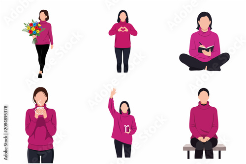 Set of minimalist vector illustrations of a woman in various daily poses wearing a pink sweater, holding flowers, drinking coffee, and writing in a journal