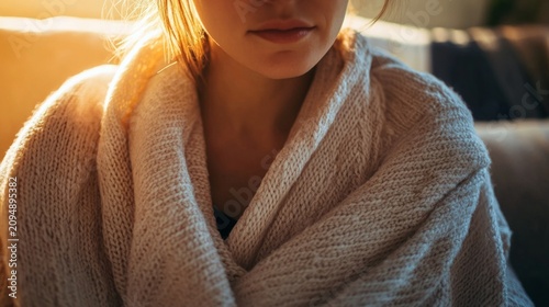 woman wrapped in a blanket, sitting placidly on the sofa during her emotional recovery; generative ai