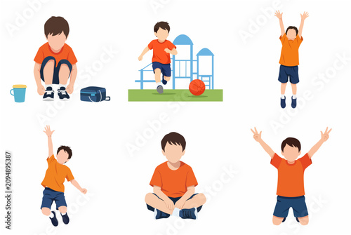 Set of flat vector illustrations of a young boy character in an orange shirt performing various daily activities like running, jumping, and playing.
