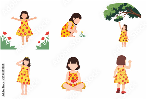 Set of flat vector illustrations featuring a little girl in a yellow floral dress in various poses including dancing, observing a butterfly, picking from a tree, and eating an apple.