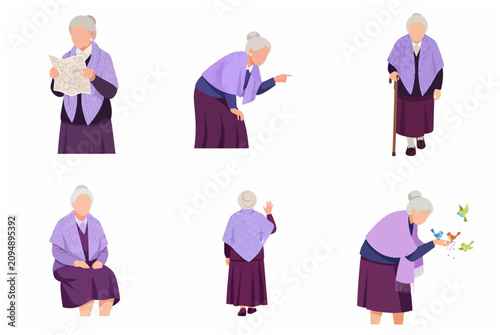 Senior woman flat vector character set. Elderly lady in different poses: reading map, walking with cane, feeding birds, and waving. Grandma retirement lifestyle illustration.