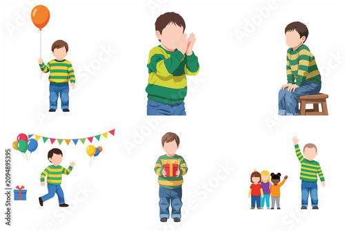 Little boy character set in different poses, celebrating birthday party with balloons and gifts vector illustration.