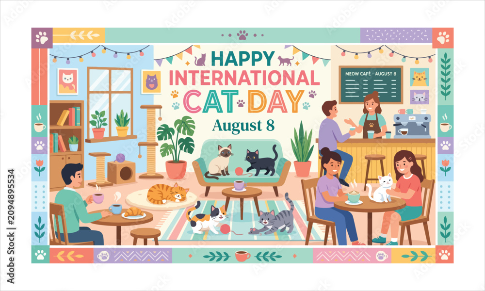 Fototapeta premium Happy international cat day cafe scene celebrating feline companionship with international, colorful