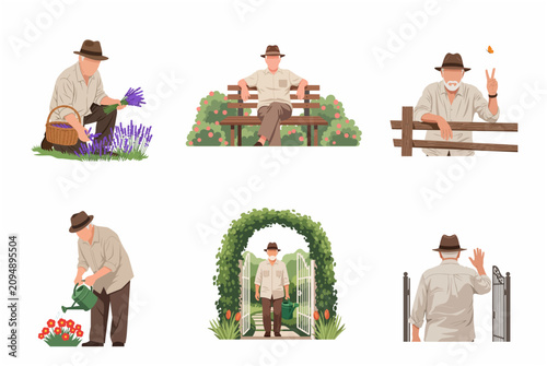 Senior man enjoying retirement with gardening and outdoor leisure activities flat vector illustration set
