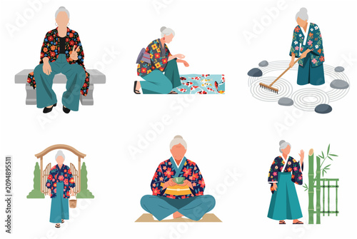 Set of elderly Japanese woman vector illustrations enjoying traditional and cultural activities like tea ceremony, zen gardening, and feeding koi fish