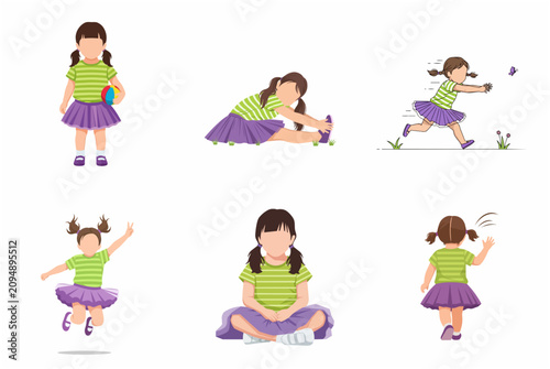 Set of Little Girl Characters in Various Poses and Activities Like Running, Jumping, and Stretching