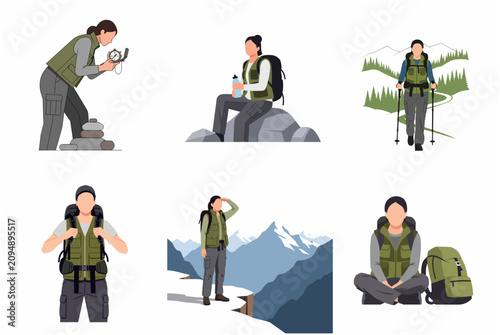 Collection of female hiker vector illustrations featuring activities like trekking, navigating with a compass, and resting in scenic mountain landscapes for outdoor adventure concepts.