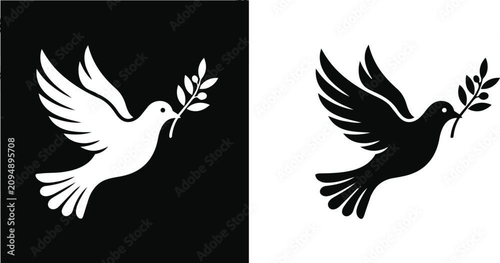Fototapeta premium Dove silhouette with olive branch in black and white