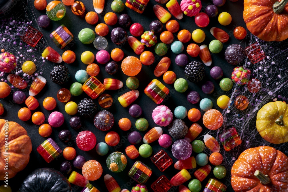 Fototapeta premium Halloween candy treats with pumpkins and spiderweb