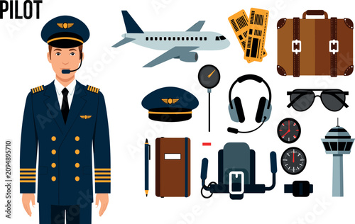 Canvas Print Airline pilot character with aviation equipment set including airplane luggage t