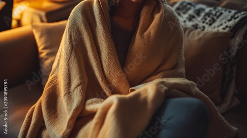 woman wrapped in a blanket, sitting placidly on the sofa during her emotional recovery; generative ai