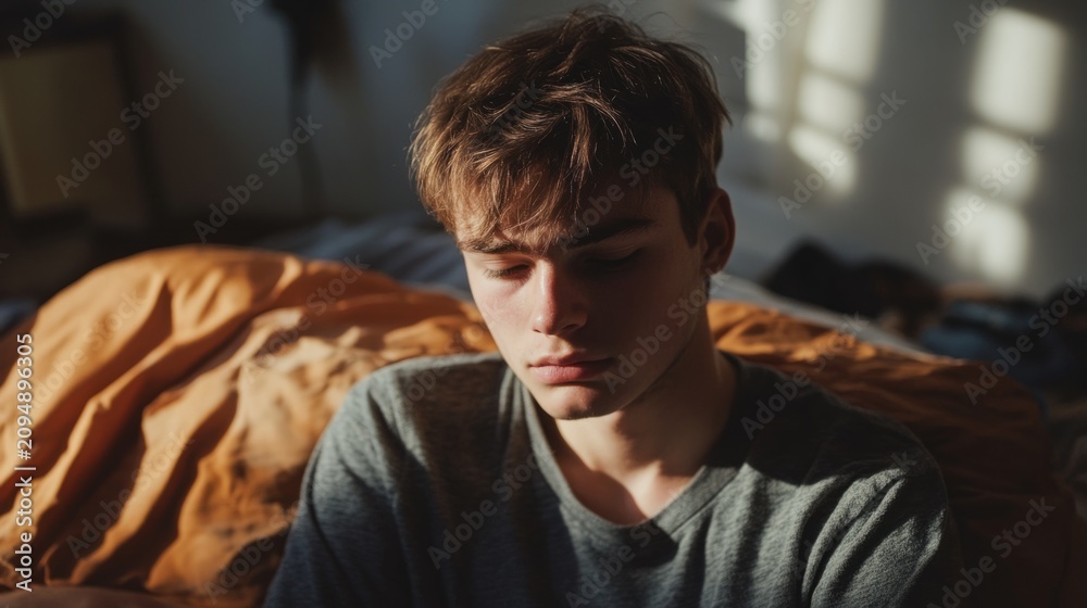 Obraz premium Young adult sitting alone in the bedroom, reflecting in silence. generative ai