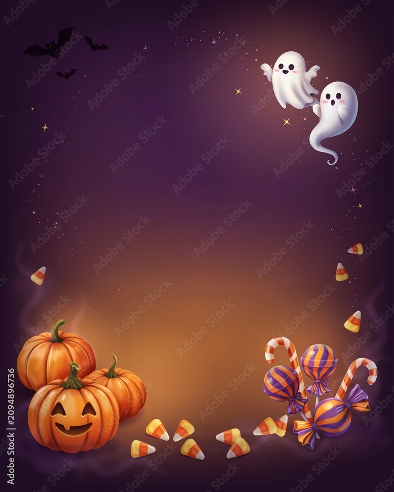 Fototapeta premium Vertical Halloween frame design showcasing happy ghosts, carved pumpkins, flying bats, shimmering stars, and colorful candy treats