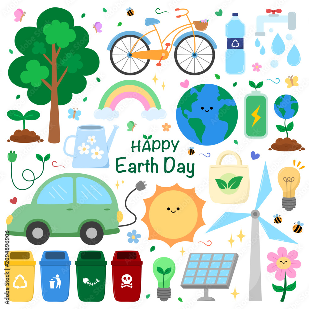 Fototapeta premium happy earth day with cute cartoon elements