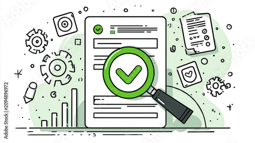 Magnifying Glass Hovering Over Document with ISO Certificates Icons