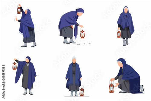 Fotografía Set of elderly woman character in blue shawl holding a kerosene lantern in vario