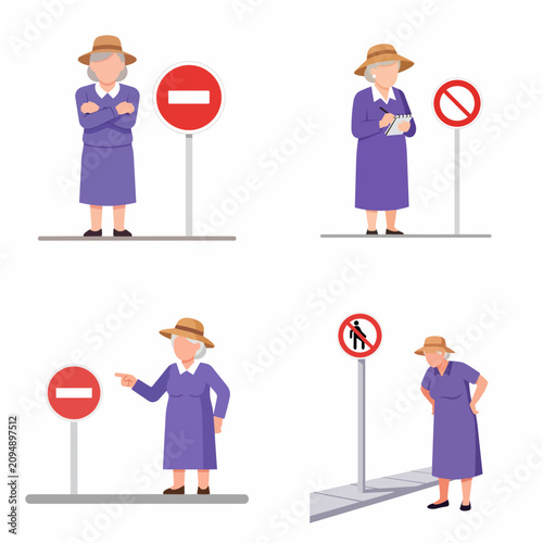 Senior Woman Character Set Interacting with Traffic and Prohibition Signs, Rule Enforcement Vector Illustration