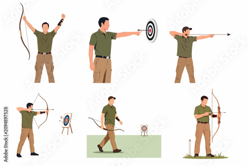 Man Archery Training and Competition Flat Vector Illustration Set