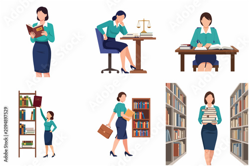 Set of female lawyer character illustrations studying law, researching in library, and working at desk