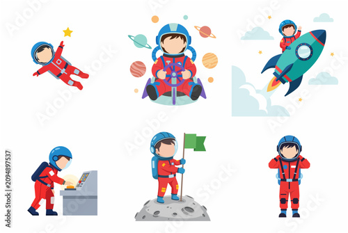 Set of cute child astronaut characters in red spacesuit exploring space, moon and stars. Flat vector illustration of little boy cosmonaut in different poses and activities.