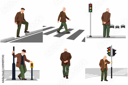 Senior man navigating city streets and pedestrian crossings vector illustration set