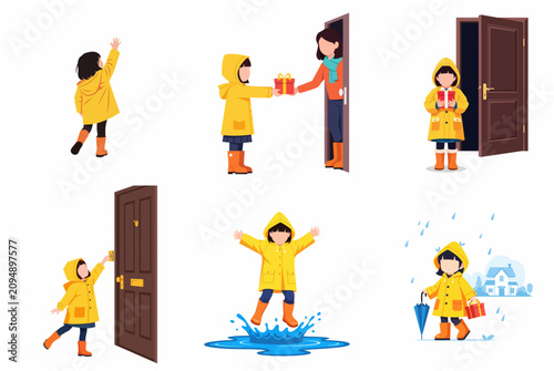 Little girl in yellow raincoat and boots jumping in puddles and delivering gifts on a rainy day illustration set