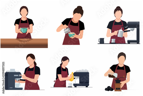 Professional female barista illustration set, female coffee shop worker making latte art, operating espresso machine, cleaning and grinding beans