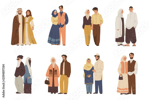 Muslim family. Emirati arab people, saudi woman in hijab or arabian man portrait. Male husband in pants. Modern and traditional clothes. Happy people. Vector cartoon flat style isolated illustration